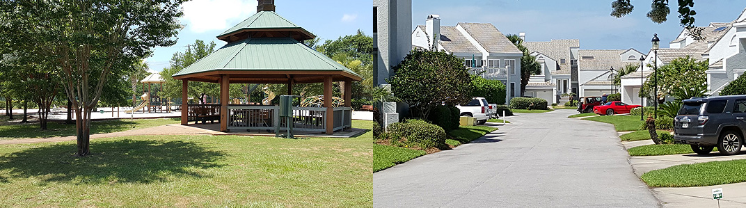 Photos of recreation area and homes in Bay Point Resort, Panama City Beach, Florida.